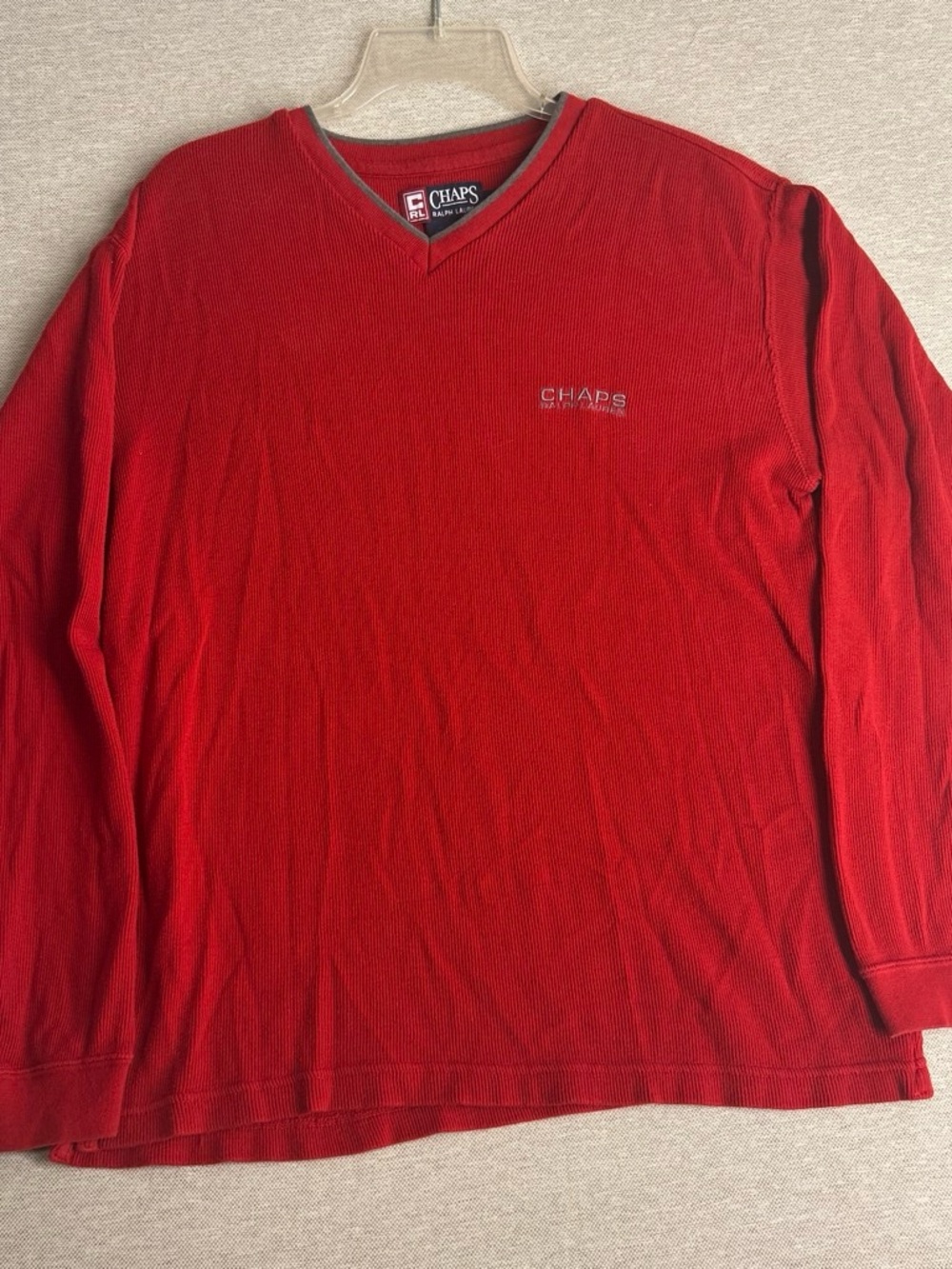 Chaps Red V-Neck Waffle Knit Long Sleeve Shirt